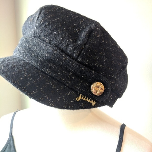 Juicy Couture Accessories - Juicy Couture Black Gold Tweed Wool Newsboy Cap